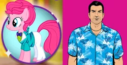 Size: 2100x1080 | Tagged: safe, derpibooru import, pinkie pie, earth pony, human, pony, clothes, coincidence, coincidence i think not, comparison, dress, gameloft, gameloft interpretation, grand theft auto, gta vice city, image, outfit, pinkie vercetti, png, pony reference, reference, tommy vercetti