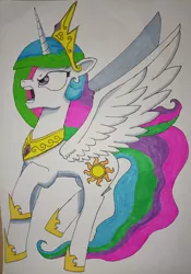 Size: 2748x3926 | Tagged: safe, artist:aking, derpibooru import, princess celestia, alicorn, angry, image, open mouth, png, solo, spread wings, traditional art, wings