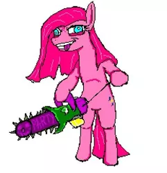 Size: 464x481 | Tagged: safe, artist:damset, derpibooru import, gummy, pinkie pie, earth pony, pony, 1000 hours in ms paint, bipedal, chainsaw, female, image, jpeg, mare, ms paint, pinkamena diane pie, simple background, solo, tongue out