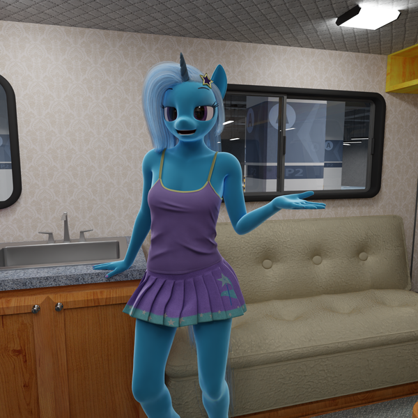 Size: 1536x1536 | Tagged: suggestive, artist:stellarator, derpibooru import, trixie, anthro, unguligrade anthro, comic:we will be adored, 3d, blender, blender cycles, clothes, cycles render, image, not sfm, png, skirt