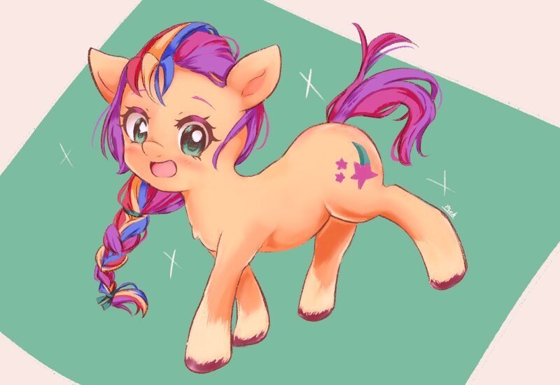 Size: 2123x1461 | Tagged: safe, artist:moh_mlp2, derpibooru import, sunny starscout, earth pony, pony, abstract background, braid, female, full body, g5, hooves, image, jpeg, looking at you, mare, open mouth, open smile, smiling, solo, unshorn fetlocks