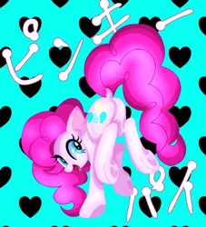 Size: 726x800 | Tagged: safe, artist:stacy_165cut, derpibooru import, pinkie pie, earth pony, pony, blue background, butt, dock, female, heart, heart background, image, japanese, jpeg, looking at you, looking back, looking back at you, mare, moon runes, open mouth, plot, raised hoof, raised leg, simple background, solo, tail, tongue out, underhoof