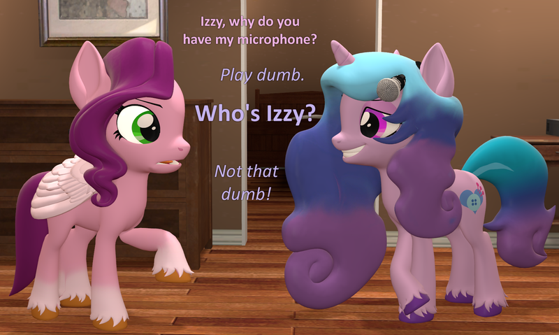 Size: 1778x1064 | Tagged: safe, artist:red4567, derpibooru import, izzy moonbow, pipp petals, pegasus, pony, unicorn, 3d, atg 2022, duo, duo female, female, g5, hiding, image, mare, microphone, newbie artist training grounds, png, reference, sheepish grin, source filmmaker, spider-man: into the spider-verse