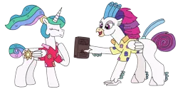 Size: 3264x1626 | Tagged: safe, artist:supahdonarudo, derpibooru import, princess celestia, queen novo, alicorn, classical hippogriff, hippogriff, my little pony: the movie, alternate hairstyle, book, clothes, hawaiian shirt, holding, image, newbie artist training grounds, png, raised hoof, shirt, simple background, transparent background, vacation