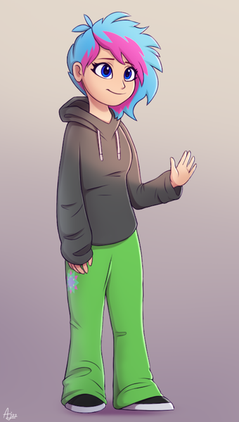 Size: 550x970 | Tagged: safe, artist:luminousdazzle, derpibooru import, oc, oc:luminous dazzle, unofficial characters only, human, blue eyes, clothes, female, hoodie, humanized, image, not zipp storm, png, short hair, simple background, smiling, solo, solo female, standing, waving