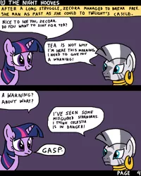 Size: 1600x2000 | Tagged: safe, artist:nopony, derpibooru import, twilight sparkle, zecora, pony, zebra, comic:the night hooves, atg 2022, comic, female, gasp, image, mare, newbie artist training grounds, png, rhyme, speech bubble