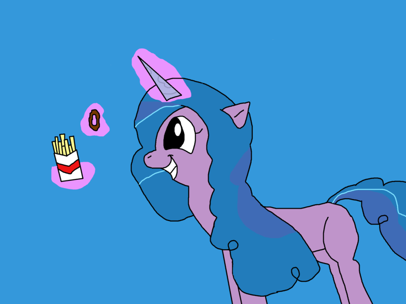 Size: 2000x1500 | Tagged: safe, artist:blazewing, derpibooru import, izzy moonbow, pony, unicorn, colored background, drawpile, female, food, french fries, g5, image, magic, mare, onion ring, png, smiling, solo, telekinesis