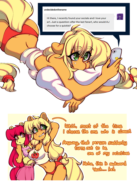 Size: 1476x1980 | Tagged: safe, artist:tolsticot, derpibooru import, apple bloom, applejack, anthro, earth pony, female, image, mobile phone, phone, png, pouting, siblings, sisters, smartphone, text
