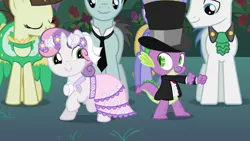 Size: 1280x720 | Tagged: safe, derpibooru import, screencap, bruce mane, cloud kicker, fine line, maxie, orion, shooting star (character), spike, sweetie belle, dragon, pony, unicorn, a canterlot wedding, season 2, cute, dancing, diasweetes, female, filly, foal, happy, image, male, png, shipping fuel, shooting star, stallion