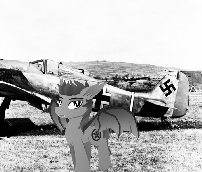 Size: 1799x1536 | Tagged: safe, derpibooru import, oc, oc:devin, bat pony, pony, balkenkreuz, bat pony oc, bat wings, black and white, fw-190, germany, grayscale, image, jpeg, looking at you, luftwaffe, male, monochrome, nazi, pilot, plane, smiling, stallion, swastika, wings, world war ii