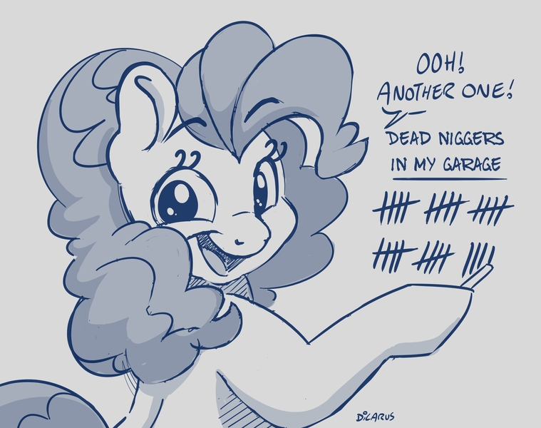 Size: 3088x2440 | Tagged: safe, artist:dilarus, edit, editor:edits of hate, unauthorized edit, pinkie pie, earth pony, pony, black and white, dialogue, female, grayscale, hoof hold, image, implied death, implied murder, jpeg, looking at you, looking back, looking back at you, mare, monochrome, mouthpiece, niggers, racism, racist slur, simple background, slur, tally marks, text, vulgar, white background, writing