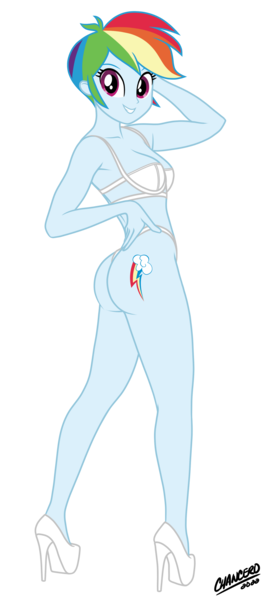 Size: 1600x3556 | Tagged: suggestive, artist:chancero, derpibooru import, rainbow dash, equestria girls, bra, breasts, busty rainbow dash, butt, clothes, cutie mark, cutie mark on equestria girl, female, high heels, image, looking at you, looking back, looking back at you, panties, png, rainbutt dash, shoes, simple background, solo, solo female, thong, transparent background, underwear, white underwear