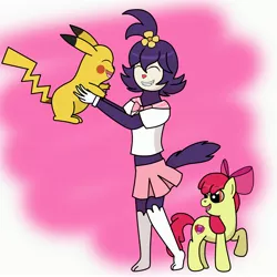 Size: 4096x4096 | Tagged: safe, artist:nyanpasumaddie, derpibooru import, apple bloom, earth pony, pikachu, pony, dot warner, female, filly, foal, ikue otani, image, japanese, jpeg, moon runes, pokémon, voice actor joke