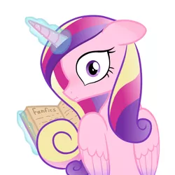 Size: 2000x2000 | Tagged: safe, artist:candy meow, derpibooru import, princess cadance, alicorn, pony, fanfic, atg 2022, blushing, book, female, high res, image, mare, newbie artist training grounds, png, scared, simple background, solo, white background