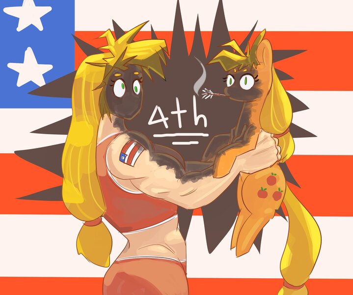 Size: 2587x2160 | Tagged: safe, artist:applephil, derpibooru import, applejack, earth pony, human, pony, american flag, applejacked, duo, female, fireworks, flag, hatless, high res, holding a pony, human ponidox, humanized, image, jpeg, mare, missing accessory, mouth hold, muscles, muscular female, self paradox, self ponidox, silly, silly pony, singed, smoke, sparkler (firework), tattoo