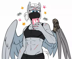 Size: 969x797 | Tagged: safe, artist:redxbacon, derpibooru import, oc, oc:single strike, anthro, pegasus, pony, abs, artificial wings, augmented, female, image, jpeg, mare, mask, mechanical wing, muscles, muscular female, phone, prosthetics, scar, selfie, simple background, solo, white background, wings