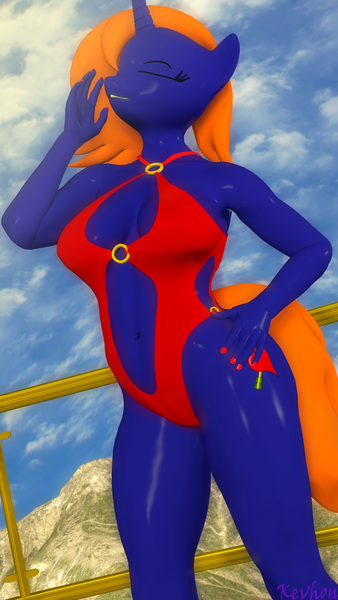 Size: 2160x3840 | Tagged: suggestive, artist:kevhon, derpibooru import, oc, oc:heart taker, unofficial characters only, anthro, unicorn, 3d, breasts, clothes, commission, eyes closed, female, hand on hip, image, lipstick, mountain, nail polish, png, sky, solo, solo female, source filmmaker, swimsuit, ych result