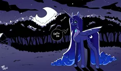 Size: 3167x1862 | Tagged: safe, artist:scarfyace, derpibooru import, princess luna, alicorn, alternate design, colored hooves, ear piercing, earring, eyelashes, hooves, image, jewelry, jpeg, long mane, long tail, moon, necklace, night, night sky, piercing, redesign, sky, solo, speech bubble, standing, stars, tail, text, tree