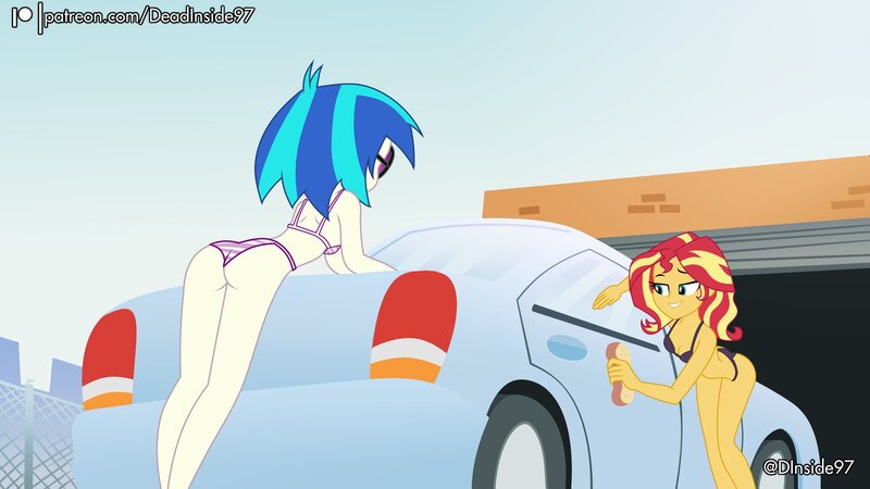 Size: 2048x1152 | Tagged: suggestive, artist:deadinside97, derpibooru import, part of a set, sunset shimmer, vinyl scratch, equestria girls, bedroom eyes, bikini, breasts, butt, car, car wash, cleavage, clothes, duo, duo female, female, females only, grin, image, jpeg, smiling, sponge, swimsuit, vinyl ass