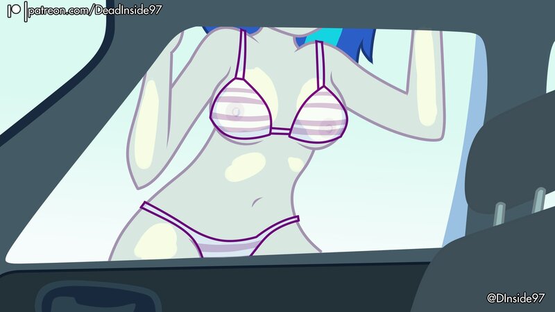Size: 2048x1152 | Tagged: questionable, artist:deadinside97, derpibooru import, part of a set, vinyl scratch, equestria girls, against glass, belly button, bikini, breasts, busty vinyl scratch, car, car wash, clothes, female, glass, head out of frame, image, jpeg, nipples, nudity, see-through, solo, solo female, swimsuit