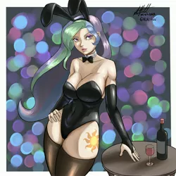 Size: 4000x4000 | Tagged: suggestive, artist:nlhetfield, derpibooru import, princess celestia, human, animal costume, big breasts, bottle, breasts, bunny costume, bunny ears, bunny suit, cleavage, clothes, costume, cutie mark, glass, gloves, humanized, image, jpeg, leotard, looking at you, socks, stockings, thigh highs, wine bottle, wine glass