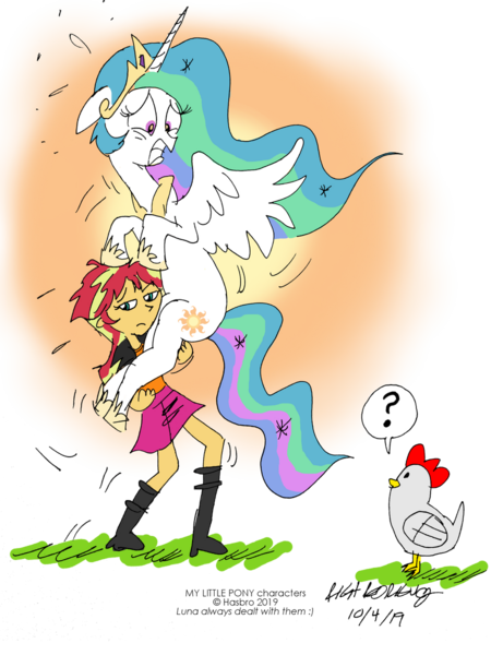 Size: 900x1200 | Tagged: safe, artist:newportmuse, derpibooru import, princess celestia, sunset shimmer, alicorn, bird, chicken, pony, between dark and dawn, equestria girls, season 9, spoiler:s09, alektorophobia, cute, holding, image, png, scared, scaredlestia, simple background, spread wings, sunset shimmer is not amused, that princess sure is afraid of chickens, transparent background, unamused, wings
