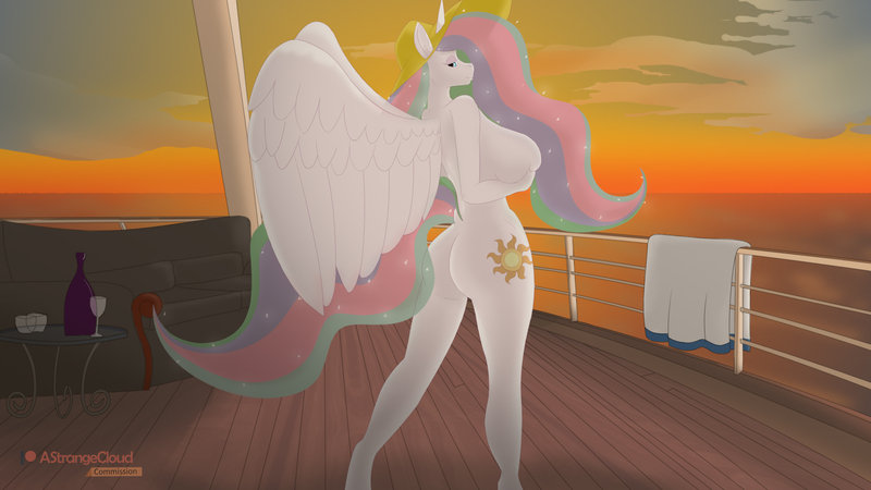 Size: 1920x1080 | Tagged: questionable, artist:a-strange-cloud, derpibooru import, princess celestia, alicorn, anthro, ass, big breasts, boat, boobs and butt pose, bottle, breast hold, breast squish, breasts, busty princess celestia, butt, commission, commissioner:branagain, couch, female, folded wings, glass, hands on breasts, hat, huge breasts, image, jpeg, looking at you, looking back, looking back at you, looking over shoulder, nudity, ocean, ship, sideboob, signature, sky, solo, solo female, stupid sexy celestia, sun hat, sunbutt, sunset, vacation, water, wine bottle, wine glass, wings, yacht