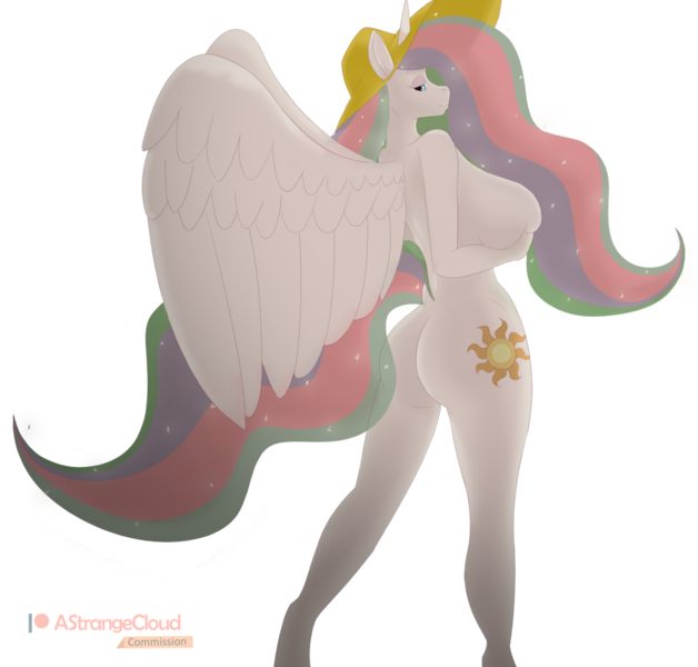 Size: 1131x1080 | Tagged: questionable, alternate version, artist:a-strange-cloud, derpibooru import, princess celestia, alicorn, anthro, ass, background removed, big breasts, boobs and butt pose, breast hold, breast squish, breasts, busty princess celestia, butt, commission, commissioner:branagain, female, folded wings, hands on breasts, hat, image, looking at you, looking back, looking back at you, looking over shoulder, nudity, png, sideboob, signature, simple background, solo, solo female, stupid sexy celestia, sun hat, sunbutt, transparent background, wings