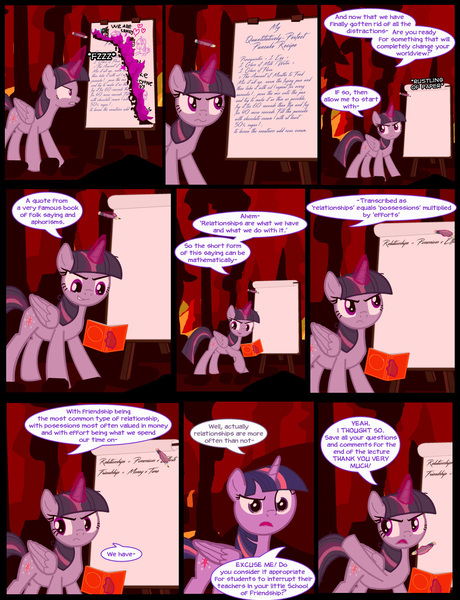 Size: 1042x1358 | Tagged: safe, artist:dendoctor, derpibooru import, mean twilight sparkle, twilight sparkle, twilight sparkle (alicorn), alicorn, pony, comic:clone.., alternate universe, book, comic, facehoof, female, fire, g4, glow, glowing horn, horn, image, jpeg, magic, quill, telekinesis, tree