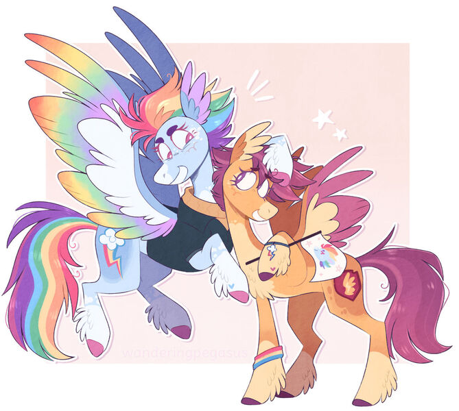 Size: 1280x1148 | Tagged: safe, artist:wanderingpegasus, derpibooru import, rainbow dash, scootaloo, pegasus, pony, clothes, colored wings, cute, female, flag, flying, image, jacket, jpeg, looking at each other, looking at someone, mare, mouthpiece, multicolored wings, pansexual pride flag, pride, pride flag, scootalove, smiling, twitterina design, wings