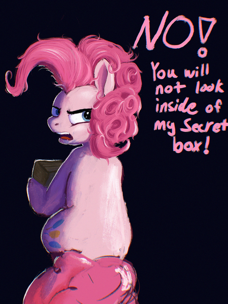 Size: 2048x2732 | Tagged: safe, artist:phutashi, derpibooru import, pinkie pie, earth pony, pony, atg 2022, black background, box, dialogue, female, image, looking back, mare, newbie artist training grounds, png, secret box, simple background, sitting, solo, spongebob squarepants, the secret box