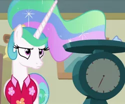 Size: 1737x1453 | Tagged: safe, derpibooru import, screencap, princess celestia, alicorn, pony, between dark and dawn, alternate hairstyle, annoyed, bored, celestia is not amused, clock, clothes, female, flowing mane, flowy mane, hawaiian shirt, image, jpeg, mare, ponytail, post office, shirt, tail, tail bun, that princess sure does hate the post office, unamused