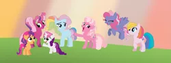 Size: 2053x758 | Tagged: safe, artist:lillianlover2007, artist:selenaede, derpibooru import, cheerilee (g3), pinkie pie (g3), rainbow dash (g3), scootaloo (g3), starsong, sweetie belle (g3), toola roola, earth pony, pegasus, pony, unicorn, base used, core seven, eyes closed, g3, g3 to g4, g3.5, g4, generation leap, image, looking at you, open mouth, pigtails, png, ponytail, raised hoof