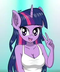 Size: 1645x1970 | Tagged: safe, artist:banquo0, derpibooru import, twilight sparkle, anthro, breasts, bust, cleavage, clothes, female, image, jpeg, looking at you, open mouth, peace sign, smiling, solo, solo female