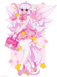 Size: 1698x2305 | Tagged: safe, artist:astralblues, derpibooru import, oc, oc:ophelia, anthro, bird, hippogriff, anthro oc, birb, clothes, cute, heart, image, nekomellow, pastel, pastel pink, pink, png, school uniform, solo, stars, wings, yandere