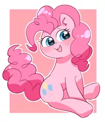 Size: 2633x3077 | Tagged: safe, artist:leo19969525, derpibooru import, pinkie pie, earth pony, pony, blue eyes, blushing, cutie mark, female, image, jpeg, looking at you, mane, mare, open mouth, pink background, pink mane, pink tail, simple background, sitting, smiling, smiling at you, solo, tail