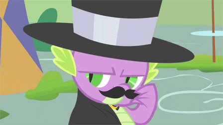 Size: 448x252 | Tagged: safe, derpibooru import, screencap, spike, dragon, owl's well that ends well, animated, cape, clothes, evil laugh, facial hair, gif, hat, image, laughing, moustache, solo, top hat, twirl