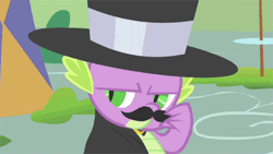 Size: 448x252 | Tagged: safe, derpibooru import, screencap, spike, dragon, owl's well that ends well, animated, cape, clothes, evil laugh, facial hair, gif, hat, image, laughing, moustache, solo, top hat, twirl