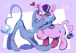 Size: 1280x896 | Tagged: safe, artist:ponydoodles, starlight glimmer, trixie, pony, unicorn, blushing, couple, duo, duo female, ear piercing, eyes closed, female, height difference, image, kneeling, leonine tail, lesbian, mare, piercing, png, raised hoof, shipping, short tail, simple background, smiling, standing, startrix