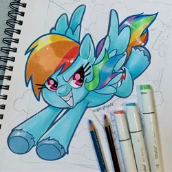Size: 2048x2048 | Tagged: safe, artist:sugarghoulz, derpibooru import, rainbow dash, pegasus, pony, flying, grin, image, jpeg, photo, smiling, solo, spread wings, traditional art, wings, wip