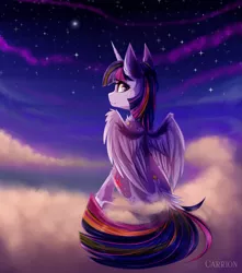 Size: 4235x4800 | Tagged: safe, artist:carrion1750, derpibooru import, twilight sparkle, twilight sparkle (alicorn), alicorn, pony, cloud, cutie mark, female, horn, image, looking at you, looking back, looking back at you, night, png, sitting, sky, smiling, solo, stars, wings