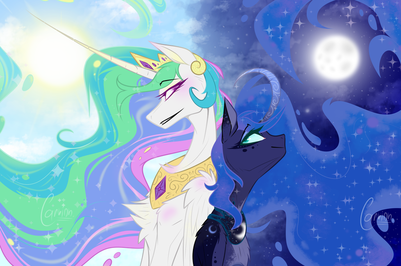 Size: 1280x850 | Tagged: safe, artist:carrion1750, derpibooru import, princess celestia, princess luna, alicorn, pony, back to back, blushing, chest fluff, curved horn, day, duo, female, freckles, horn, image, jewelry, looking at each other, looking at someone, moon, night, png, regalia, smiling, sun