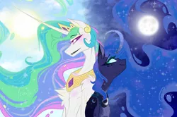 Size: 1280x850 | Tagged: safe, artist:carrion1750, derpibooru import, princess celestia, princess luna, alicorn, pony, back to back, blushing, chest fluff, curved horn, day, duo, female, freckles, horn, image, jewelry, looking at each other, looking at someone, moon, night, png, regalia, smiling, sun
