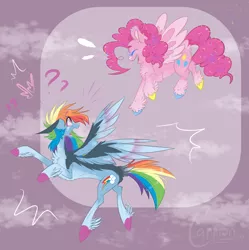 Size: 1870x1880 | Tagged: safe, artist:carrion1750, derpibooru import, pinkie pie, rainbow dash, pegasus, pony, abstract background, cutie mark, duo, eyes closed, female, flying, image, laughing, looking back, open mouth, pegasus pinkie pie, png, question mark, race swap, redesign, shocked, smiling, spread wings, twitterina design, wings