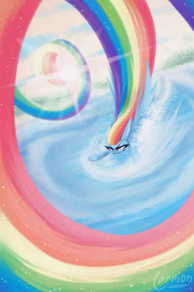 Size: 2000x3000 | Tagged: safe, artist:carrion1750, derpibooru import, rainbow dash, pegasus, pony, cloud, cloudy, female, flying, forest, image, lens flare, png, rainbow trail, sky, smiling, solo, splash, sun, tree, water, wings