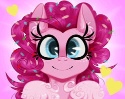 Size: 730x580 | Tagged: safe, artist:carrion1750, derpibooru import, pinkie pie, earth pony, pony, :p, animated, blinking, eyeshadow, female, gif, heart, image, looking at you, makeup, pink background, simple background, smiling, solo, tongue out, unshorn fetlocks