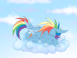 Size: 584x444 | Tagged: safe, artist:carrion1750, derpibooru import, rainbow dash, pegasus, pony, animated, cloud, crossed arms, cutie mark, eyes closed, female, folded wings, gif, image, lying down, on a cloud, onomatopoeia, sky, sleeping, sleeping on a cloud, solo, sound effects, tail, tail feathers, wings, zzz