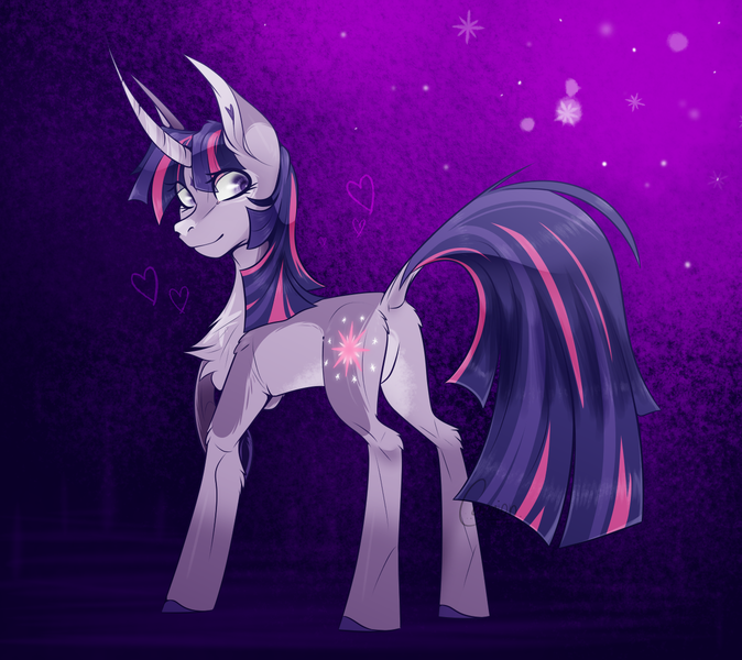 Size: 1280x1140 | Tagged: safe, artist:carrion1750, derpibooru import, twilight sparkle, pony, unicorn, abstract background, curved horn, cutie mark, female, heart, horn, image, looking at you, looking back, looking back at you, png, purple background, raised hoof, simple background, smiling, solo, sparkles, twitterina design