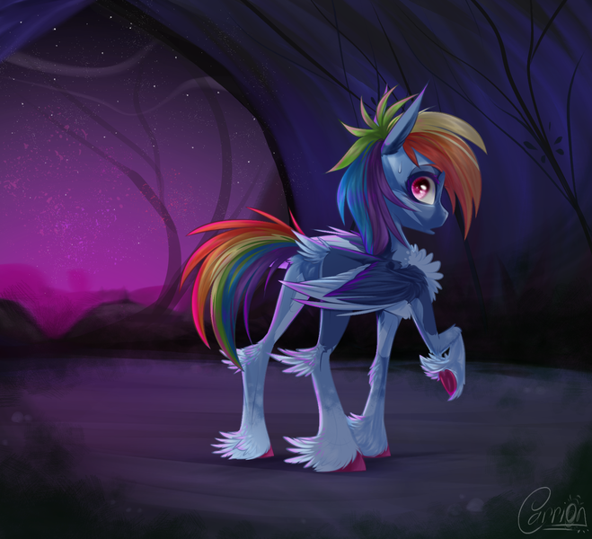 Size: 1500x1365 | Tagged: safe, artist:carrion1750, derpibooru import, rainbow dash, pegasus, pony, cave, feathered fetlocks, female, image, nervous, night, png, raised hoof, redesign, solo, stars, twitterina design, uncertain, wings