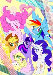 Size: 1075x1518 | Tagged: safe, artist:stacy_165cut, derpibooru import, angel bunny, applejack, fluttershy, pinkie pie, rainbow dash, rarity, twilight sparkle, twilight sparkle (alicorn), alicorn, earth pony, pegasus, pony, rabbit, unicorn, ^^, animal, applejack's hat, cowboy hat, eyes closed, female, flying, folded wings, grin, hat, heart, heart background, horn, image, jpeg, jumping, looking at you, lying down, mane six, mare, open mouth, open smile, prone, raised hoof, simple background, smiling, smiling at you, spread wings, wings, yellow background